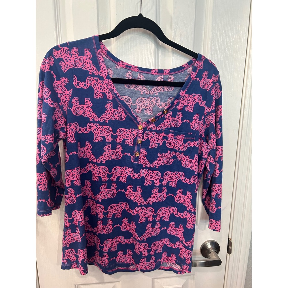 Lilly Pulitzer Henley Top Blue Pink Elephant Print‎ Pima Cotton 12307 3/4 Sleeve